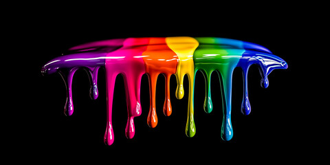 Dynamic drips of vibrant, glossy rainbow paint flow down against a stark black background. Abstract, creative, and colorful.