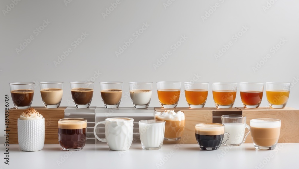 Poster various hot and cold drinks. assorted beverages isolated on a white background.