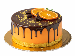 Decadent chocolate orange cake, dripping ganache, gold flakes