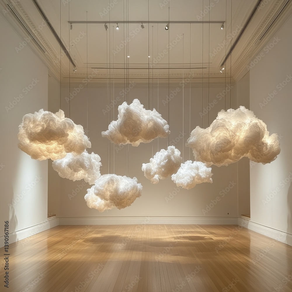 Aufkleber Floating soft clouds suspended in an art gallery create a whimsical atmosphere in an indoor space