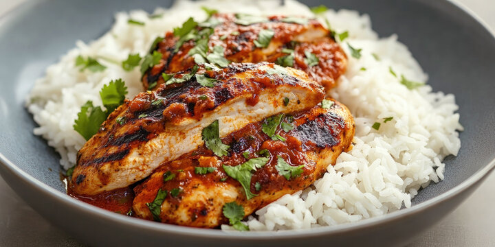 Grilled chicken breast with spicy sauce served over white rice, garnished with fresh cilantro in a close-up view of a delicious homemade meal.