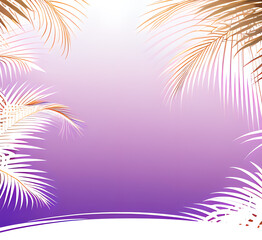 Naklejka premium Palms silhouettes violet sunset sky. Night landscape with palm trees on beach.Creative trendy summer tropical background.Vacation travel concept.Retro, synthwave,retrowave style,generative ai