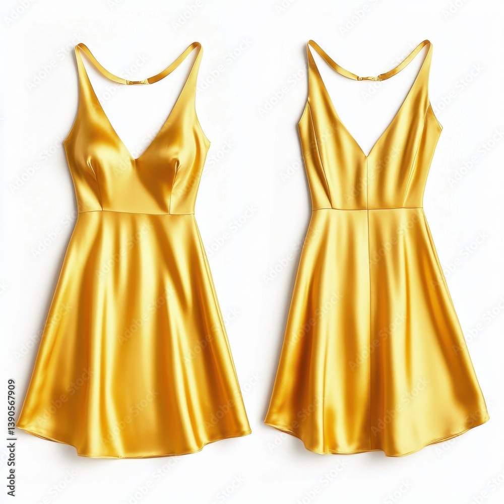 Poster elegant yellow satin dress designed for special occasions with a flattering cut and stylish detail s