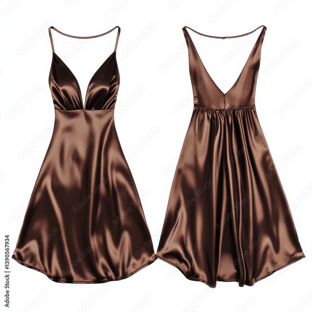 Poster elegant brown satin dress showcasing versatility with two distinct styles available for evening wear