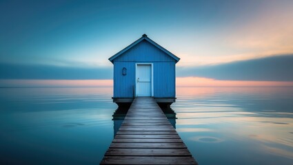 Sunrise over the boathouse by the river.