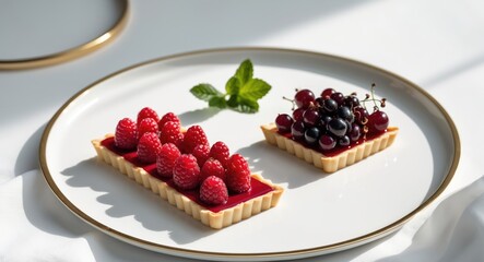 Tart with seasonal fresh red currant berries and a golden ring on a white plate against a white background, selective focus. Concept of modern desserts.