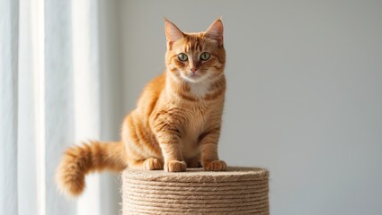 Cute little red house cat perched on top of a beige sisal rope climbing and scratching post, gazing at the camera. Isolated against a white backdrop.