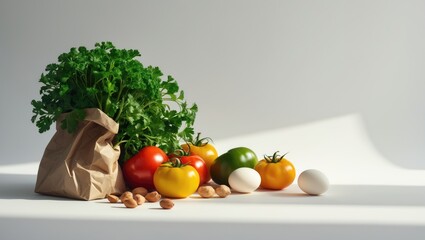 Delivery healthy food backdrop. Healthy vegan and vegetarian food in a paper bag with vegetables and fruits on a white surface, featuring copy space for a banner. Shopping for food at the supermark...