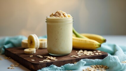 Vegan banana and oatmeal smoothie served in a glass jar against a light backdrop. Healthy food.
