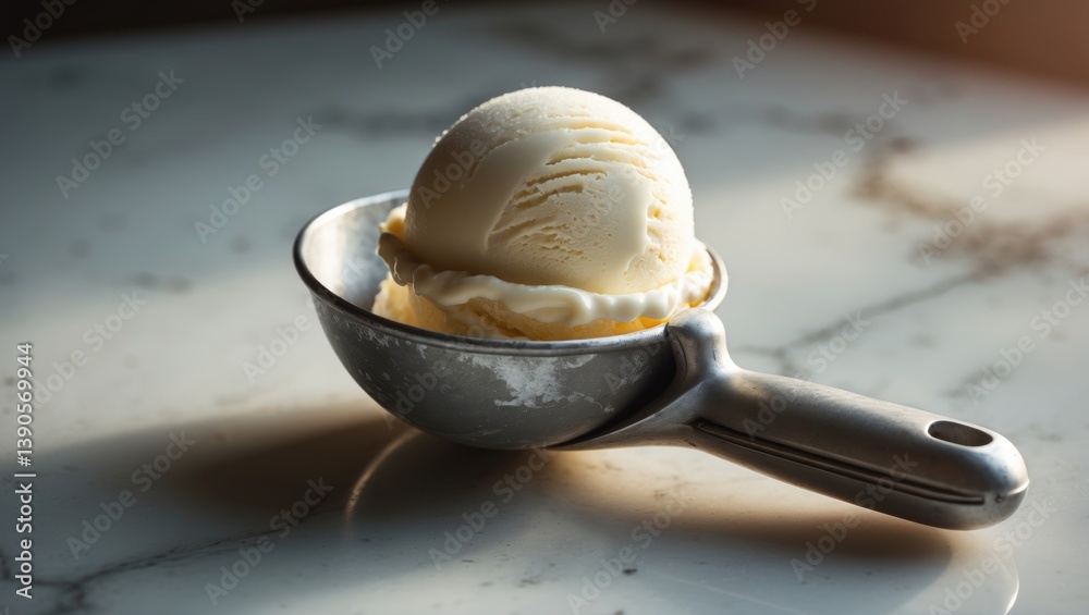 Poster vanilla ice cream scoop in a spoon