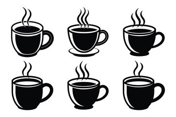 Set of cup of hot coffee silhouette vector icon illustration on white background