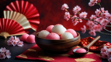 Tang Yuan (sweet dumpling balls), a traditional dish accompanied by plum blossoms and tea on a red backdrop.