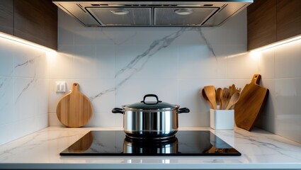 Vertical view featuring an extractor hood above a modern glass ceramic cooker with a stainless steel pan. A saucepan on an electric induction stove within a kitchen setting. Marble tiles and a whit...