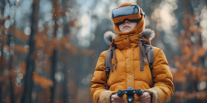 Ni&ntilde;o en invierno con lentes de realidad virtual manejando con un control