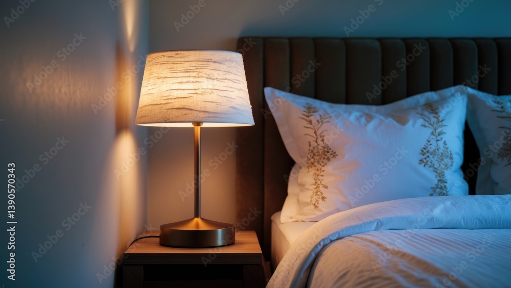 Aufkleber vertical image of bedroom interior featuring a modern reading lamp on a bedside table near a double 