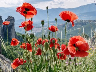 Obraz premium Vibrant red poppies blooming against a scenic mountain backdrop 