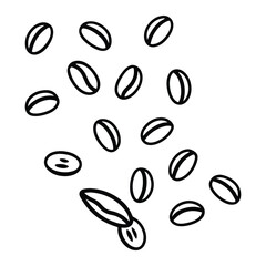 Set of hand drawn of coffee beans falling line art vector icon illustration on white background.
