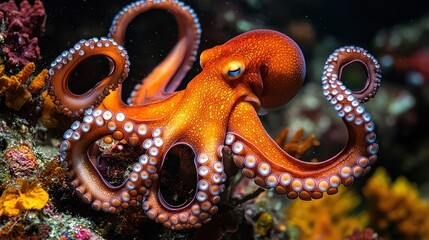 Obraz premium Orange octopus in coral reef