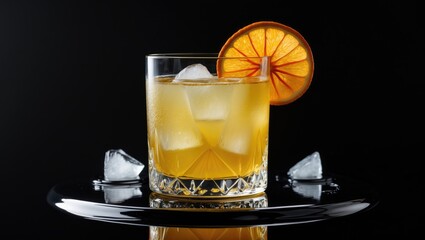 Variation of cocktail featuring orange syrup set against a background.