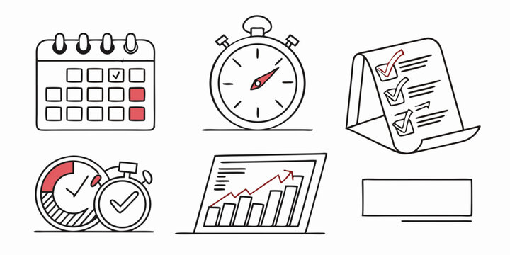 Line Art Time Management & Productivity Icons: Calendar, Stopwatch, Checklist, Timers, Bar Chart for Planning, Progress, Efficiency, Task Management, and Goals