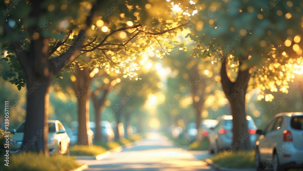 Aufkleber Blurred Background of Urban Parking Lot Encircled by Green Trees with Afternoon Light Streaming Through Canopies. Blurry Background for Design Use.