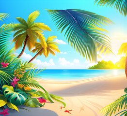 Serene beach scene with palm trees and mountains under a clear sky,generative ai