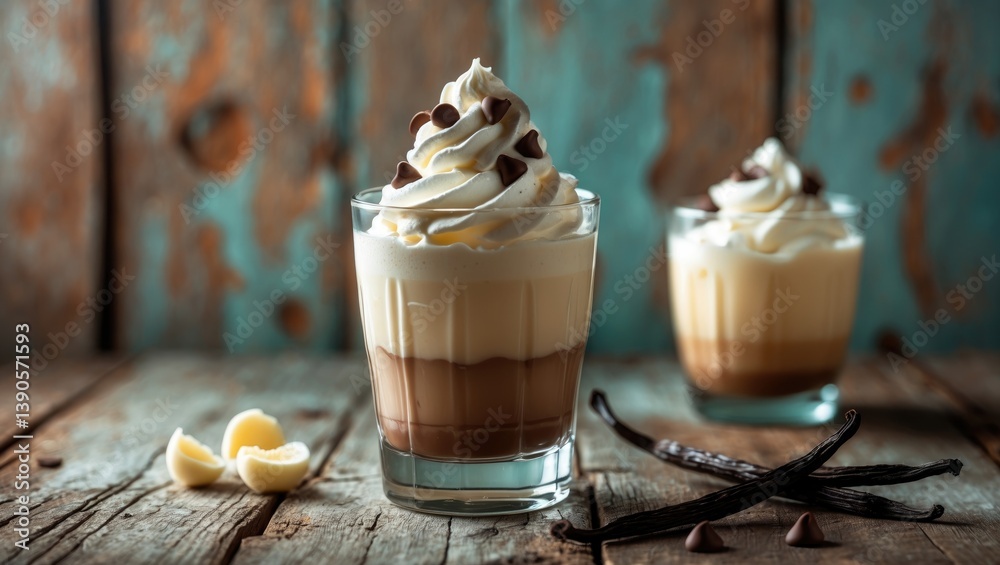 Poster vanilla bean milkshake. chilled milkshake in a glass topped with beans, with space for text.
