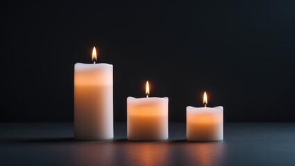 Three lit white candles of varying heights set against a black background.