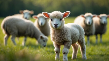 Young Merino lamb cuddles with its mother among a group of sheep. Animal portrait that evokes feelings of security and closeness. The soft white wool is a sought-after farm product.
