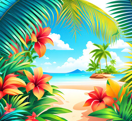 Serene beach scene with palm trees and mountains under a clear sky,generative ai