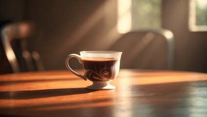 Obraz premium The peaceful moment preceding the start of the day. A white mug signifies the anticipation of rich, aromatic coffee, highlighted by gentle light on a gleaming wooden table.