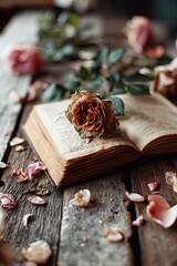 open book on wooden table with rose
