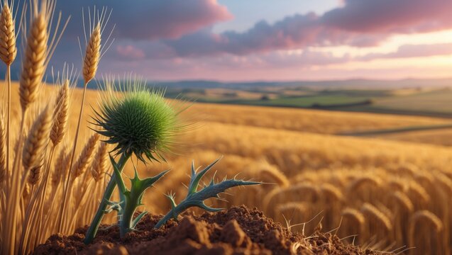 Tares in the wheat - green thorny weed growing amidst stalks in a field ready for harvest