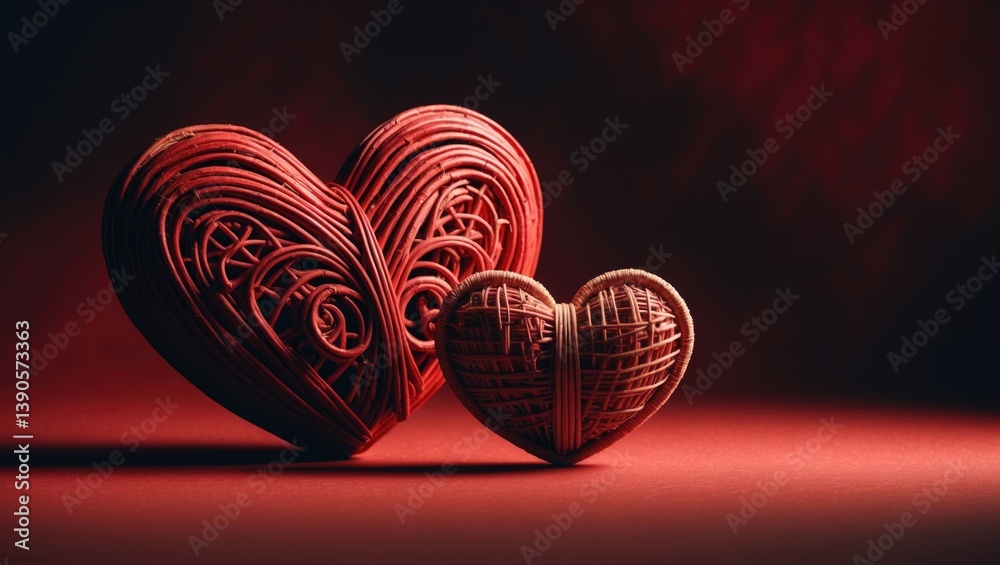 Poster two red wooden hearts on a gradient red paper backdrop. copy space.