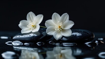 Fototapeta premium therapy stones accompanied by two camellias