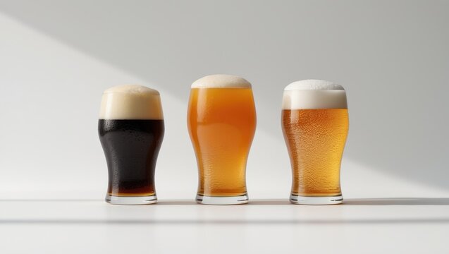 Three glasses of craft beer displayed on a white background.