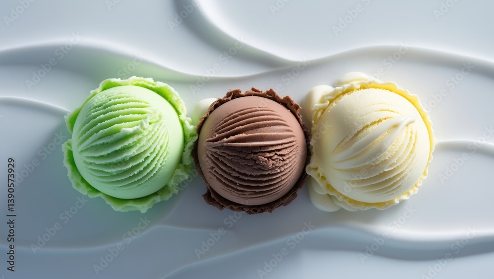 Poster various ice cream scoops separated on a backdrop.