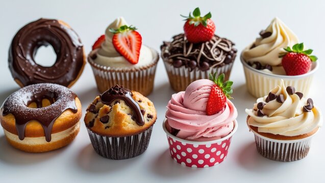 Collection of various sweet desserts on a white background