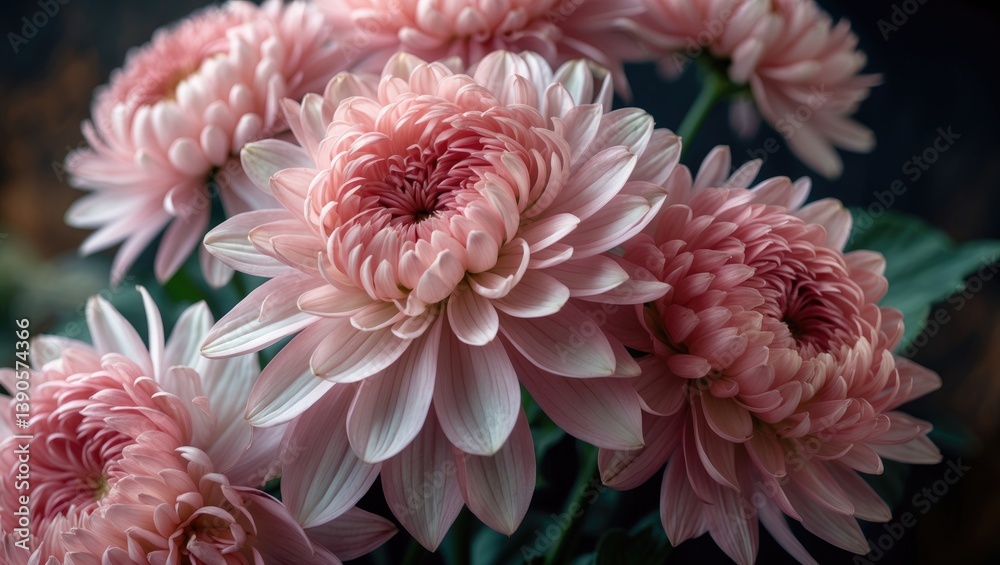 Poster soft pink chrysanthemum flowers with delicate, ruffled petals are shown in a close-up view. the ligh