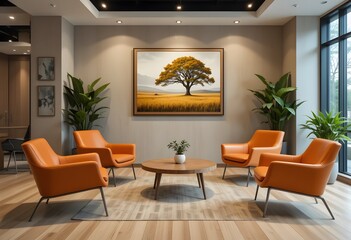 Stylish Lounge, Orange Armchairs, And A Serene Landscape, Creating A Bright, Welcoming Space. Comfort And Elegance Combine In This Modern Area. The Perfect Room For Relaxation.