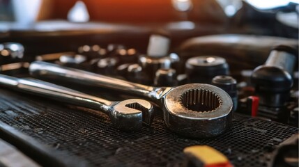 Close-up of mechanic tools resting on car engine during maintenance