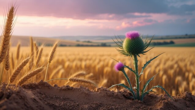 Tares among the wheat - a green thorny weed growing between stalks in a field that is ready for harvest.