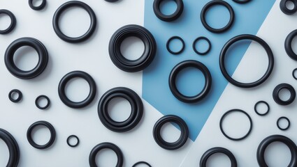 Black hydraulic and pneumatic o-ring seals of various sizes on a blue and white backdrop. Rubber rings. Sealing gaskets for connections. Rubber sealing rings for plumbing applications. Aerial view.