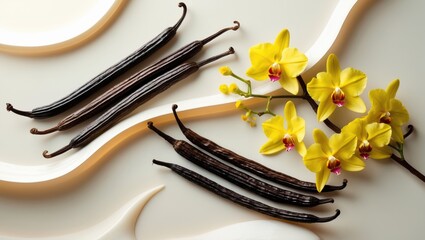 Fototapeta premium Vanilla pods and flowers arrangement isolated on a backdrop. Assortment of flowers and sticks.