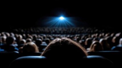 Movie theater audience captivated by bright screen
