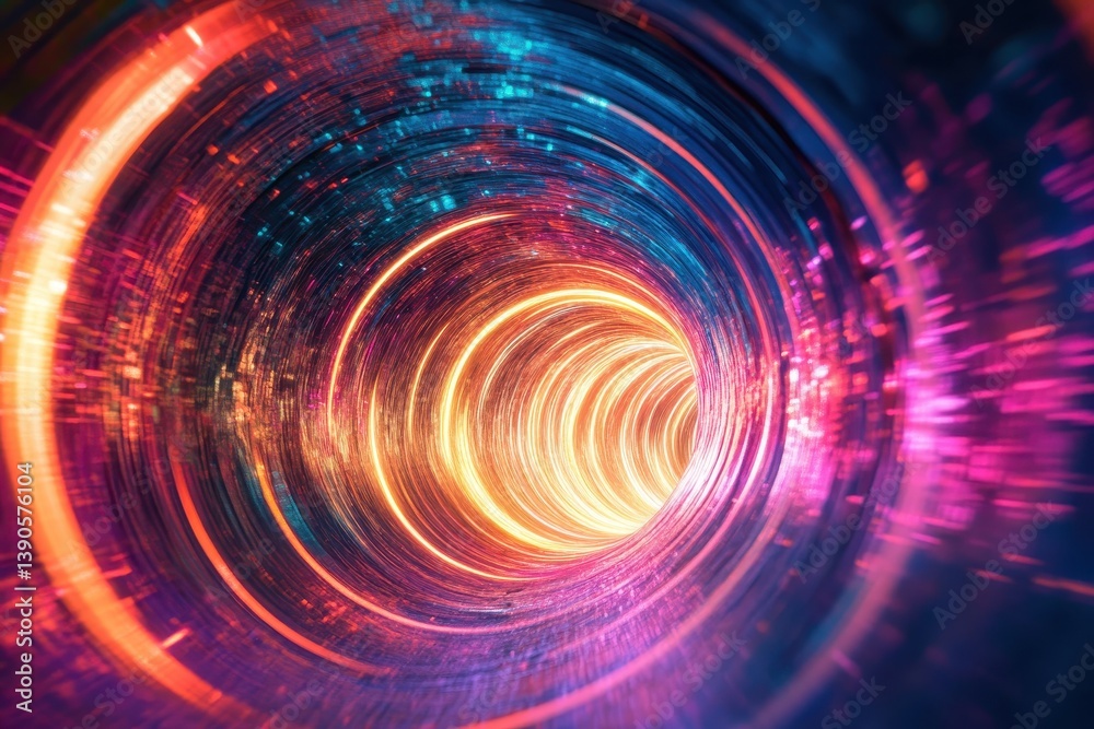 Poster Neon digital tunnel with vibrant shapes moving in a dynamic display of light, neon digital tunnel over shapes moving