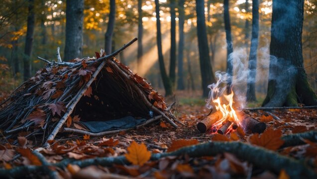 Survival Shelter Debris hut in the wild. Bushcraft camping arrangement in the forest.