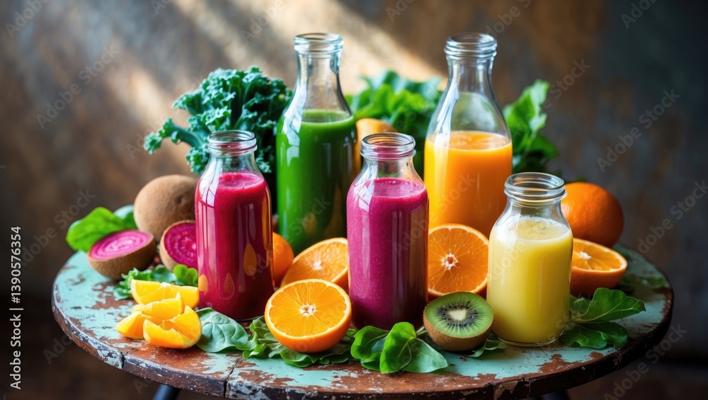 Poster a selection of fresh vegetable and fruit juices in bottles and jars.