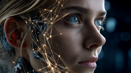 Futuristic Woman Cyberpunk Style Digital Art Portrait Neural Network Interface Technology Advanced Artificial Intelligence Female Face Closeup High Tech Golden Light Modern Design Abstract Background 