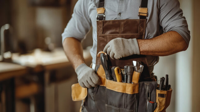Carpenter wearing tool belt and gloves in workshop